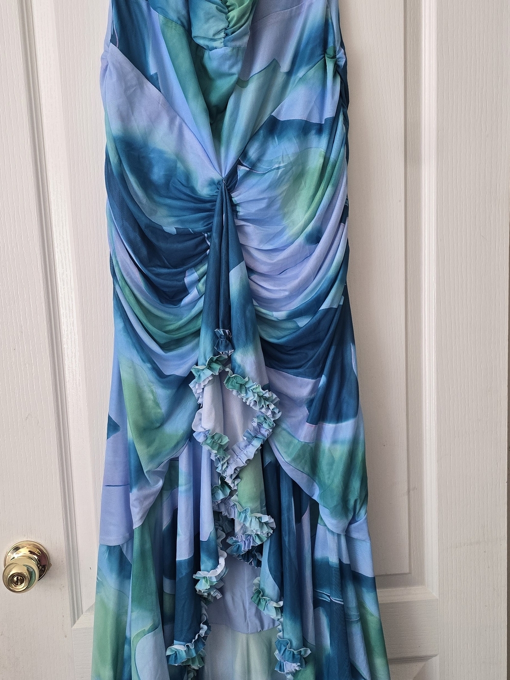 Fashion Nova Blue and Green Ruffle Maxi Dress